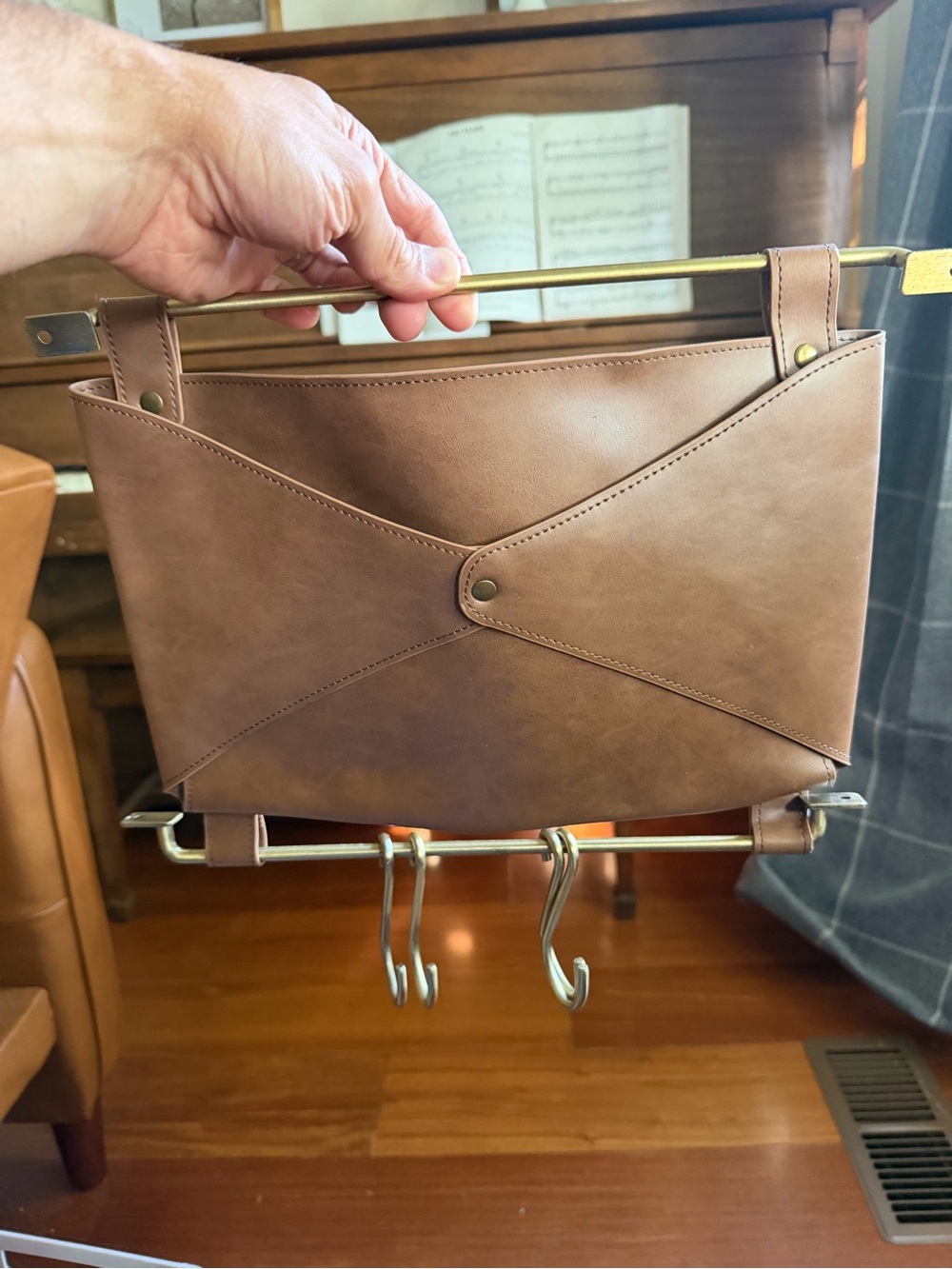 Entryway Organizer Faux Leather and Gold Wall Mounted Mail Holder with Hooks